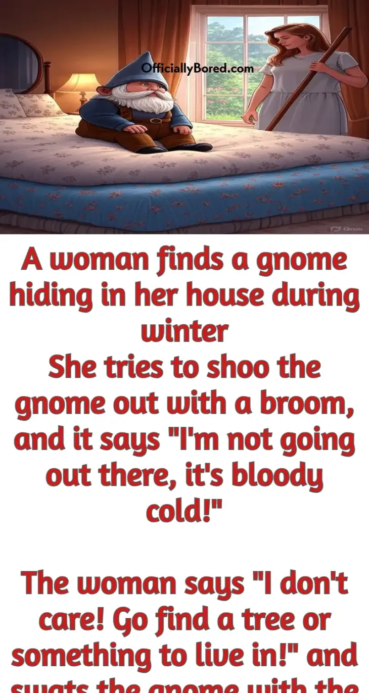 gnome bedroom woman broom dog husband joke